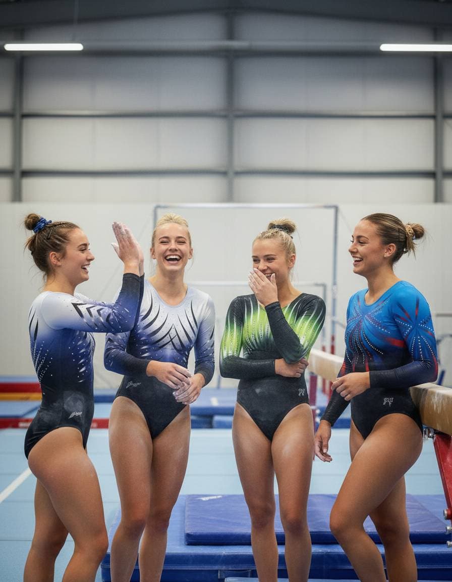 Fire turnere deler et smil og en high five på trening